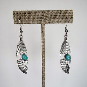 Silver and Turquoise Feather Dangling Earrings